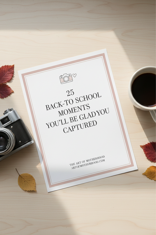 25 Back-to-School Moments printable lifestyle mockup with camera and coffee